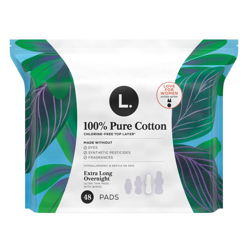 L . Pure Cotton Chlorine Free Top Layer Ultra Thin With Wing Overnight Unscented Absorbency Pads With Wings - 48ct