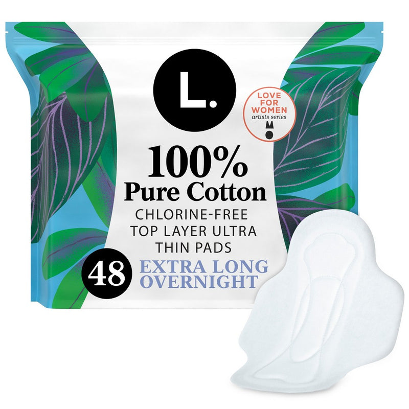 L . Pure Cotton Chlorine Free Top Layer Ultra Thin With Wing Overnight Unscented Absorbency Pads With Wings - 48ct