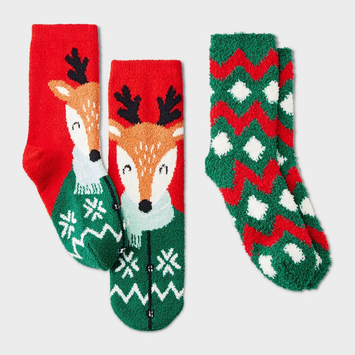Kids' 2pk Winter Reindeer Cozy Christmas Crew Socks with Gift Card Holder - Wondershop Red/Dark Green M/L