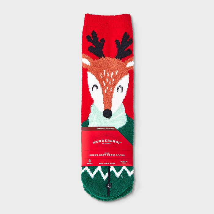 Kids' 2pk Winter Reindeer Cozy Christmas Crew Socks with Gift Card Holder - Wondershop Red/Dark Green M/L