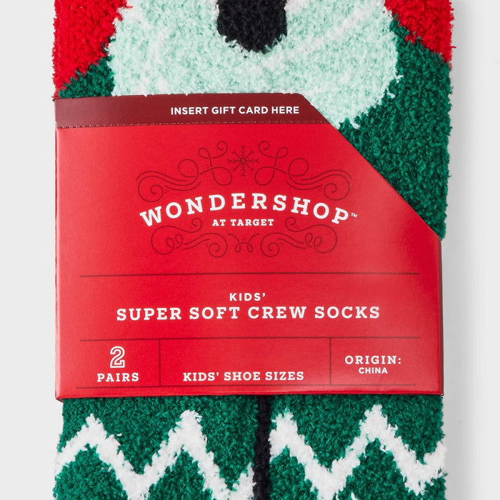 Kids' 2pk Winter Reindeer Cozy Christmas Crew Socks with Gift Card Holder - Wondershop Red/Dark Green M/L