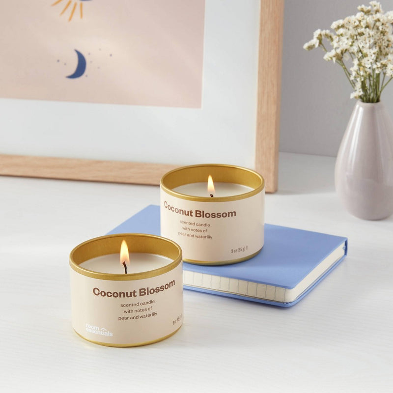 2pk 3oz Tin Gift Set Coconut Blossom - Room Essentials: Soy Wax Blend, Water Lily & Pear Scent, Spring Decor Jar Candle