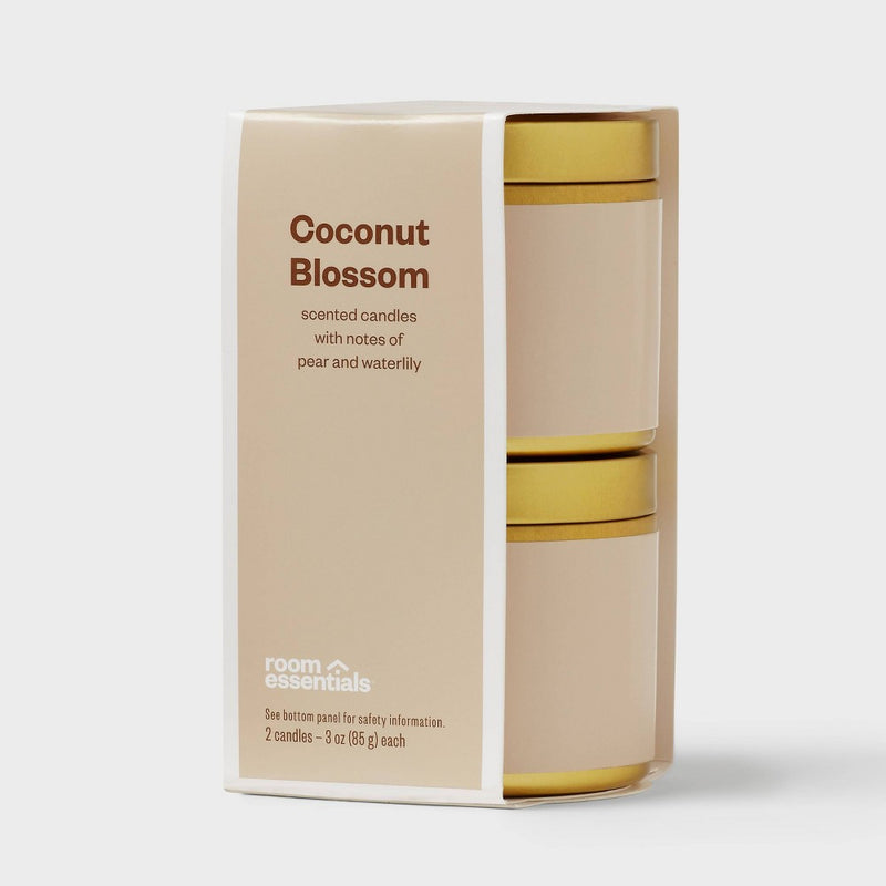 2pk 3oz Tin Gift Set Coconut Blossom - Room Essentials: Soy Wax Blend, Water Lily & Pear Scent, Spring Decor Jar Candle