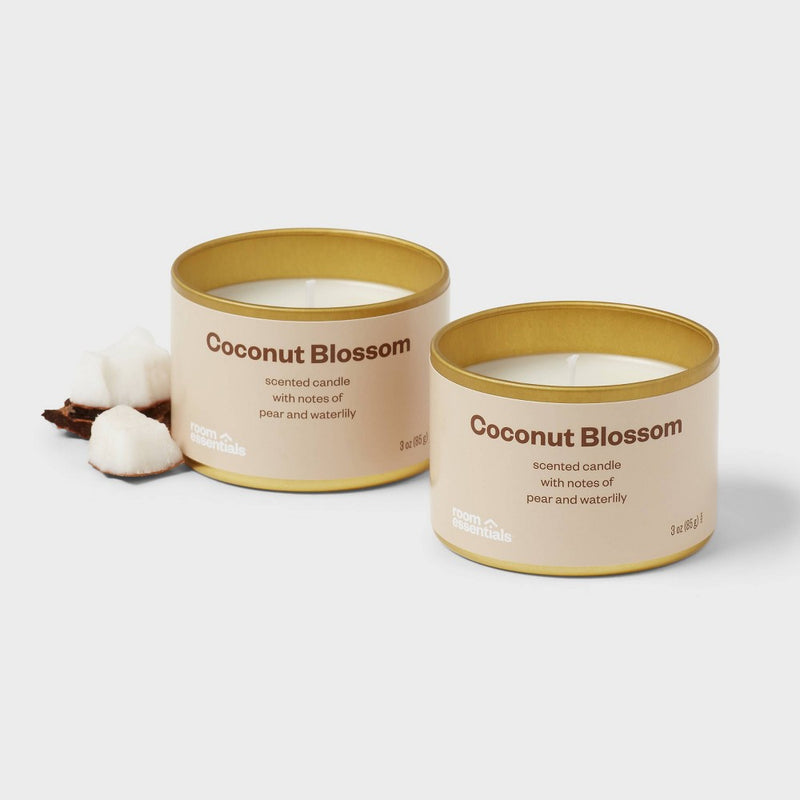 2pk 3oz Tin Gift Set Coconut Blossom - Room Essentials: Soy Wax Blend, Water Lily & Pear Scent, Spring Decor Jar Candle