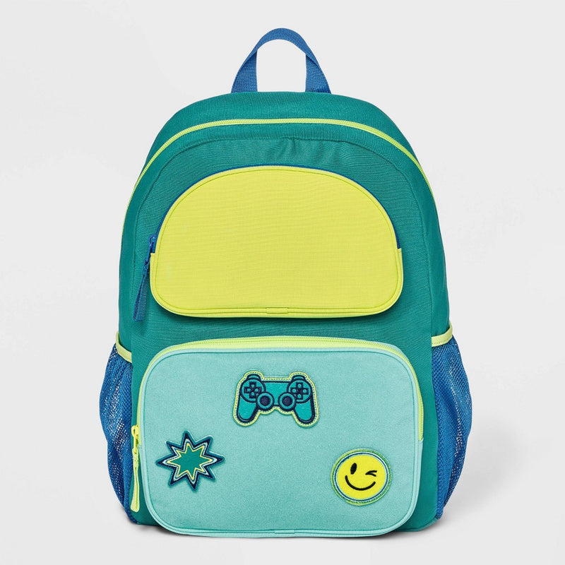 Kids' 16" Colorblock with Removable Patches Two Pocket Backpack - Cat & Jack Green/Lime Green/Blue