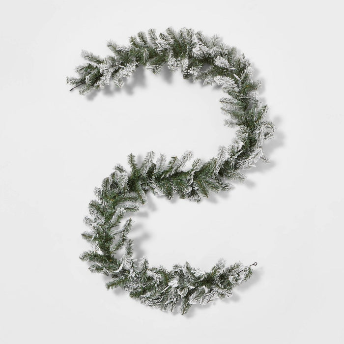 9' Pre-Lit Flocked Artificial Pine Christmas Garland Green with Clear Lights - Wondershop