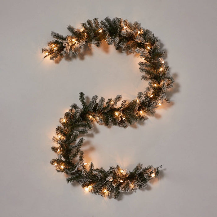 9' Pre-Lit Flocked Artificial Pine Christmas Garland Green with Clear Lights - Wondershop