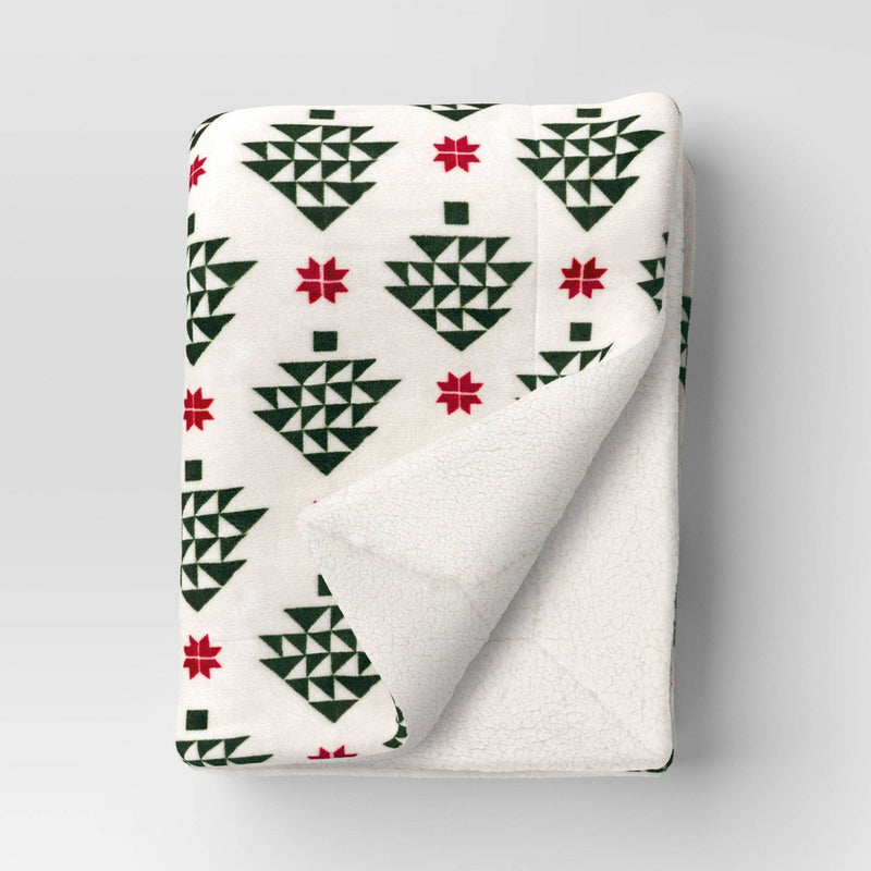 Modern Tree Printed Plush Throw Blanket with Faux Shearling Reverse Ivory/Green/Red - Threshold
