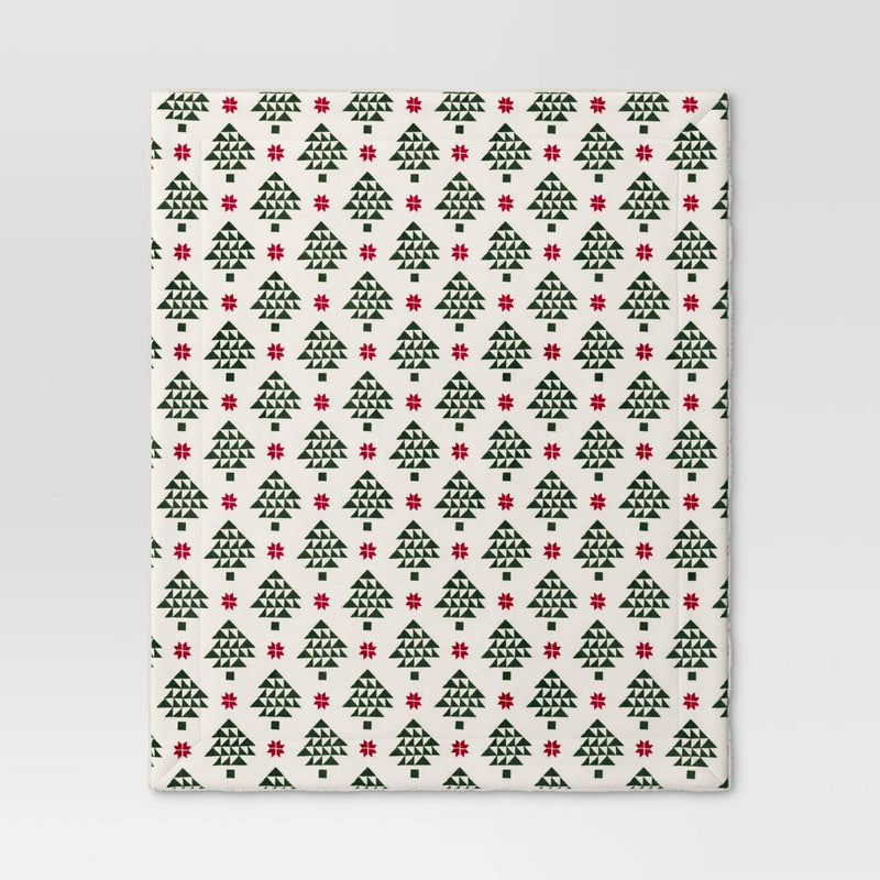 Modern Tree Printed Plush Throw Blanket with Faux Shearling Reverse Ivory/Green/Red - Threshold