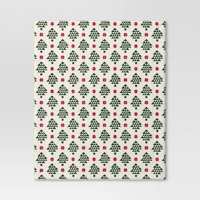 Modern Tree Printed Plush Throw Blanket with Faux Shearling Reverse Ivory/Green/Red - Threshold