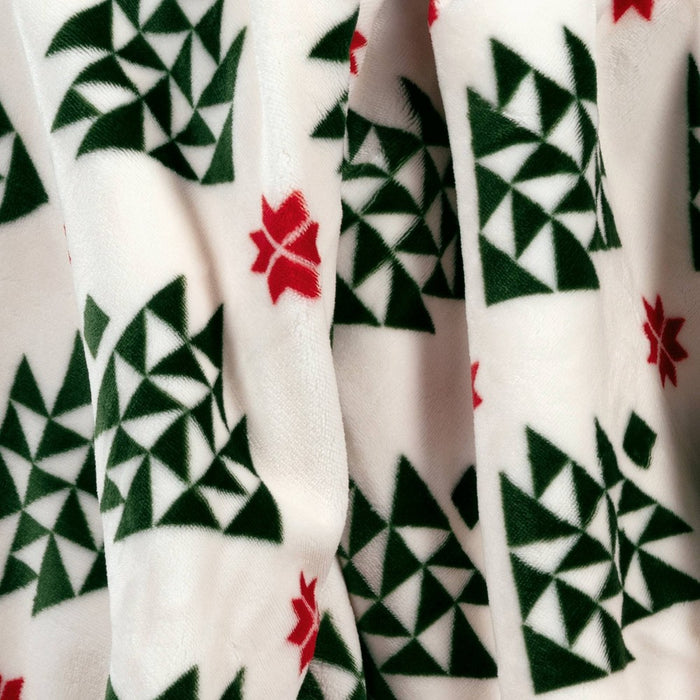 Modern Tree Printed Plush Throw Blanket with Faux Shearling Reverse Ivory/Green/Red - Threshold