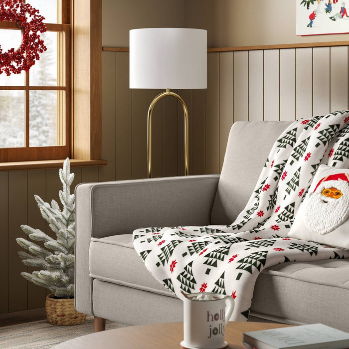 Modern Tree Printed Plush Throw Blanket with Faux Shearling Reverse Ivory/Green/Red - Threshold