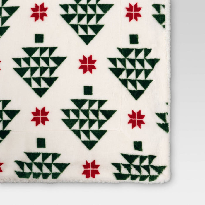 Modern Tree Printed Plush Throw Blanket with Faux Shearling Reverse Ivory/Green/Red - Threshold