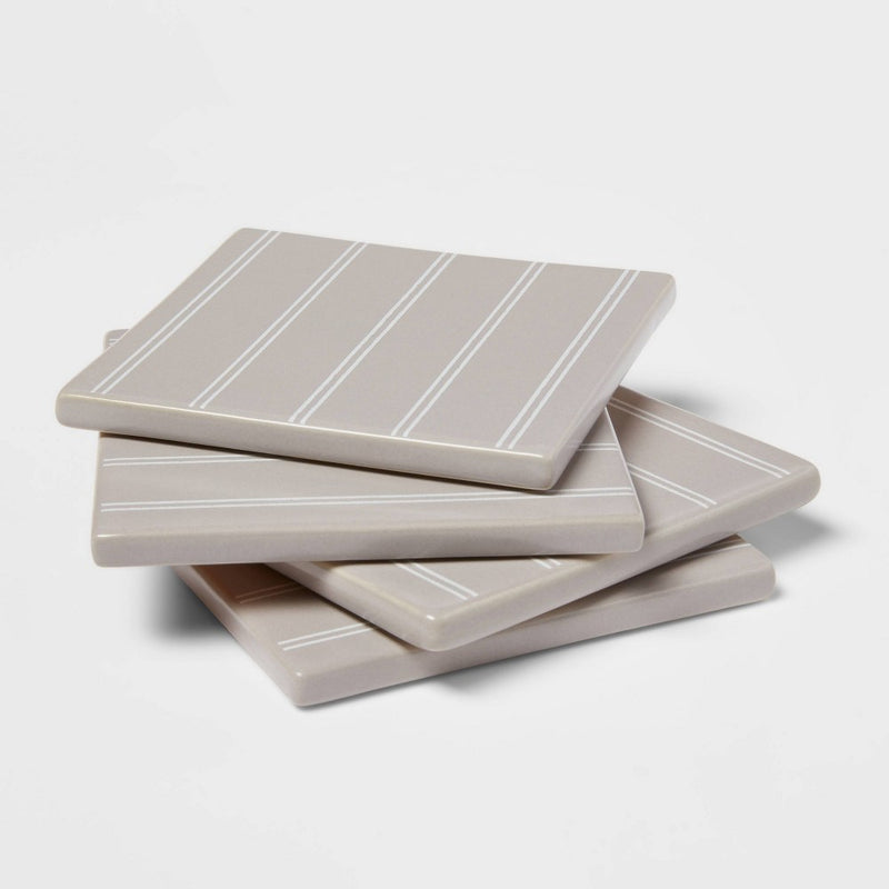 4pk Stoneware Striped Coasters Gray - Threshold