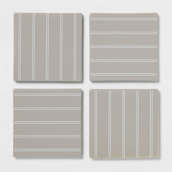 4pk Stoneware Striped Coasters Gray - Threshold