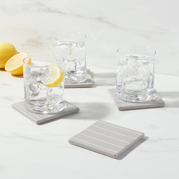 4pk Stoneware Striped Coasters Gray - Threshold