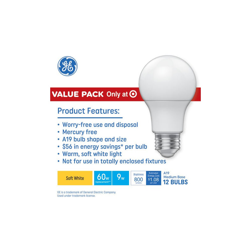 GE Household Lighting Soft White 60W Replacement LED Frosted Indoor Non-Dimmable General Purpose A19 Light Bulbs 12pk: 800 Lumens, 9W, E26 Base, 2700K