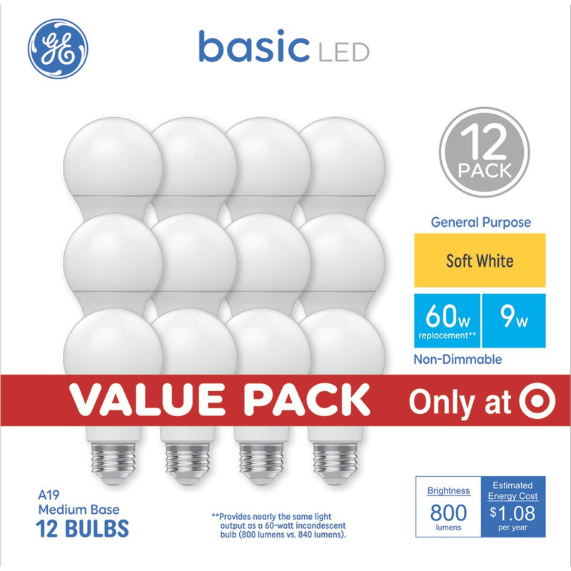 GE Household Lighting Soft White 60W Replacement LED Frosted Indoor Non-Dimmable General Purpose A19 Light Bulbs 12pk: 800 Lumens, 9W, E26 Base, 2700K