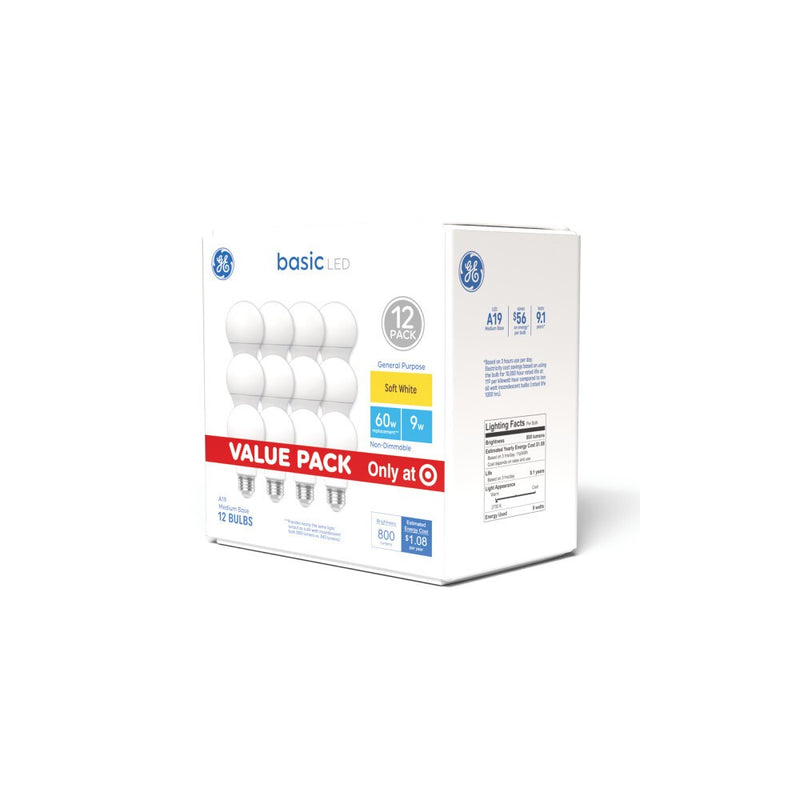 GE Household Lighting Soft White 60W Replacement LED Frosted Indoor Non-Dimmable General Purpose A19 Light Bulbs 12pk: 800 Lumens, 9W, E26 Base, 2700K