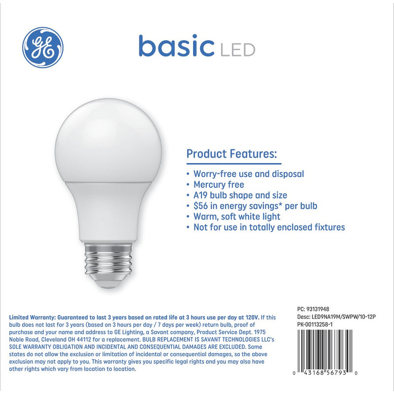 GE Household Lighting Soft White 60W Replacement LED Frosted Indoor Non-Dimmable General Purpose A19 Light Bulbs 12pk: 800 Lumens, 9W, E26 Base, 2700K