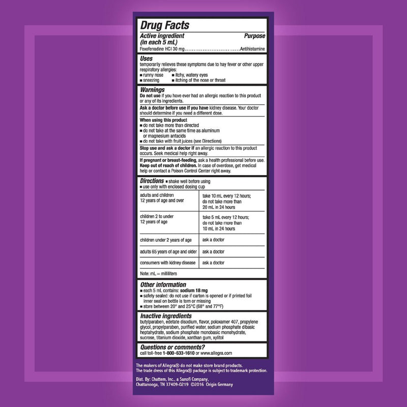 Children's Allegra 12 Hour Allergy Relief Oral Suspension - Berry Flavor - Fexofenadine Hydrochloride - 4 fl oz