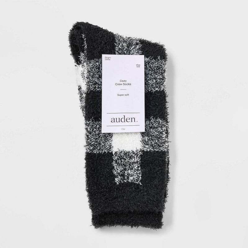 Women's Buffalo Plaid Cozy Crew Socks - Auden White/Black 4-10
