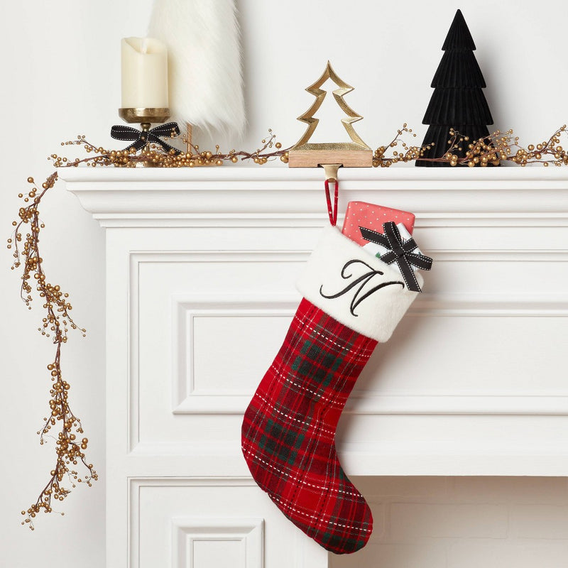 20" Plaid Monogram 'N' Christmas Holiday Stocking with Faux Fur Cuff Red/Green/White - Wondershop