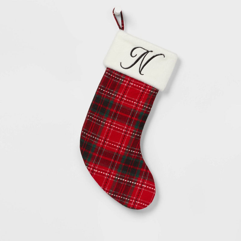 20" Plaid Monogram 'N' Christmas Holiday Stocking with Faux Fur Cuff Red/Green/White - Wondershop