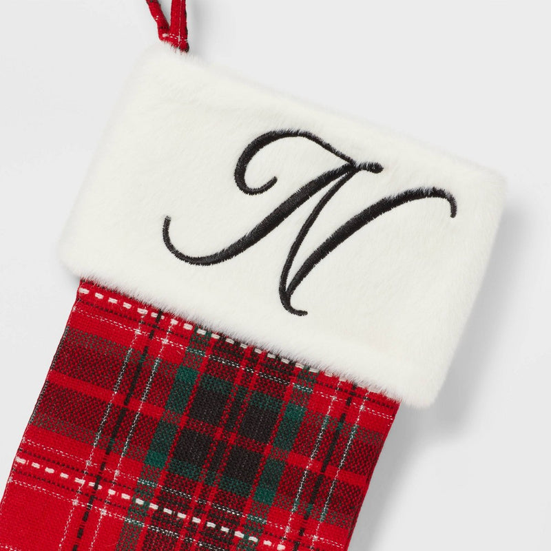 20" Plaid Monogram 'N' Christmas Holiday Stocking with Faux Fur Cuff Red/Green/White - Wondershop