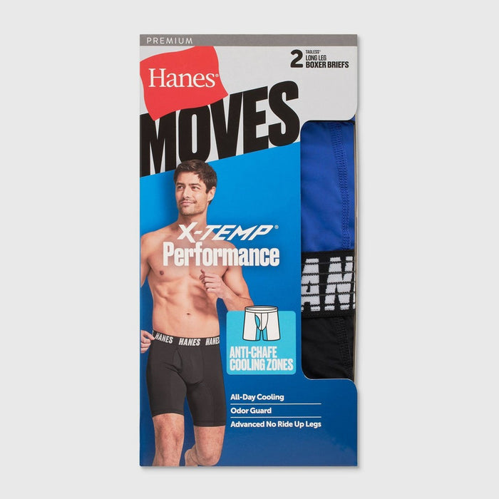 Hanes Moves Premium Men's Anti-Chafe X-Temp Long Leg Boxer Briefs 2pk - Black/Teal Blue L