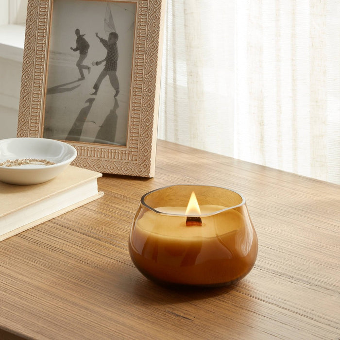 8oz Wooden Wick Oud Wood & Amber Glass Jar Candle - Threshold