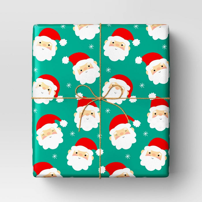 220 sq ft Santa Faces Christmas Gift Wrap Green - Wondershop