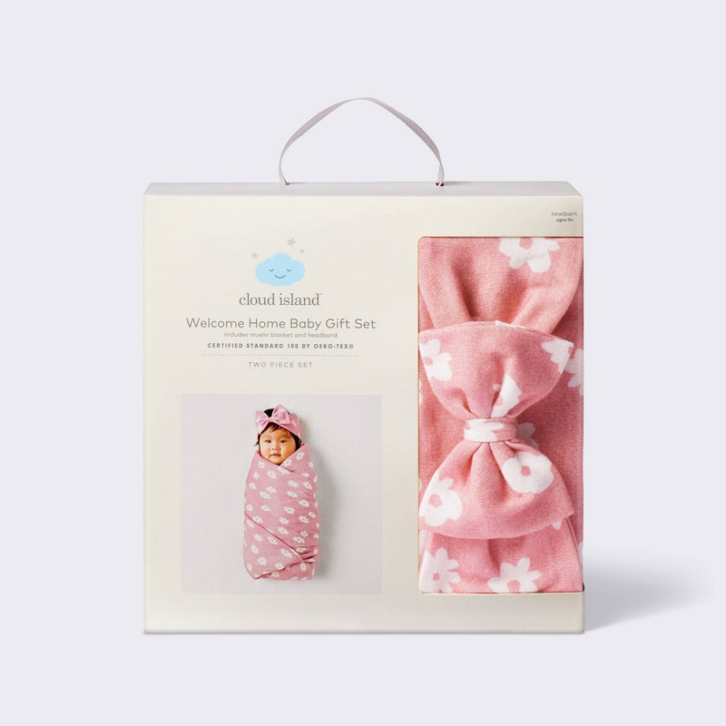Hospital Muslin Swaddle and Headwrap Gift Set - Pink - Cloud Island