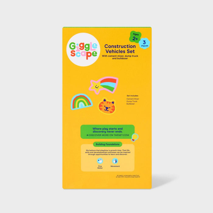 Construction Vehicles Set - 3pk - Gigglescape: Plastic Toy Vehicle Playsets, Truck, Ages 2+