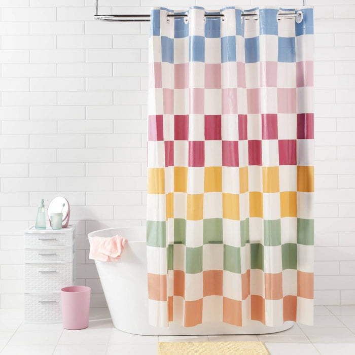 Checkerboard Hookless Easy Install Shower Curtain - Room Essentials: PEVA Material, Includes Rings, Molded Texture