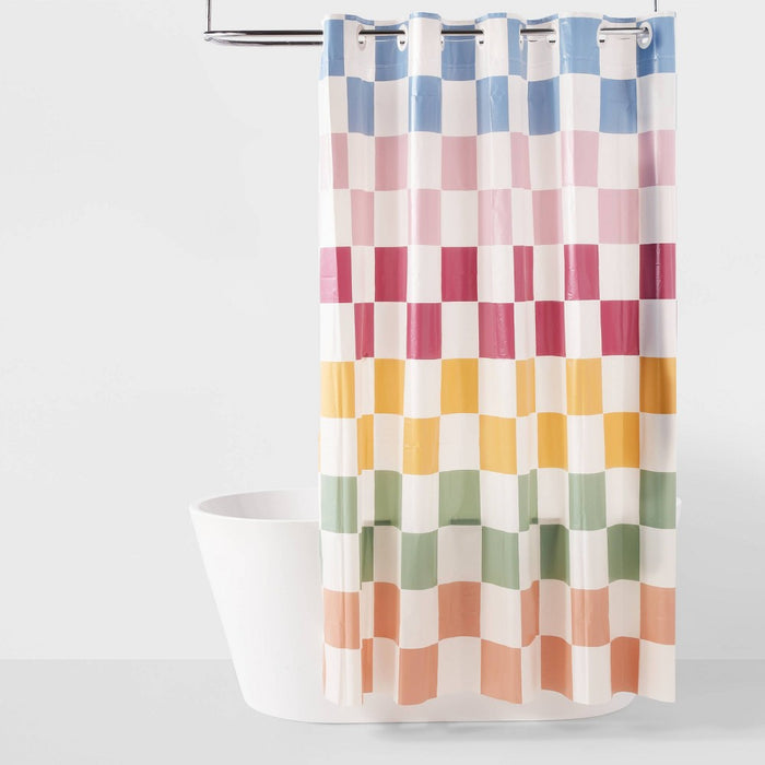 Checkerboard Hookless Easy Install Shower Curtain - Room Essentials: PEVA Material, Includes Rings, Molded Texture