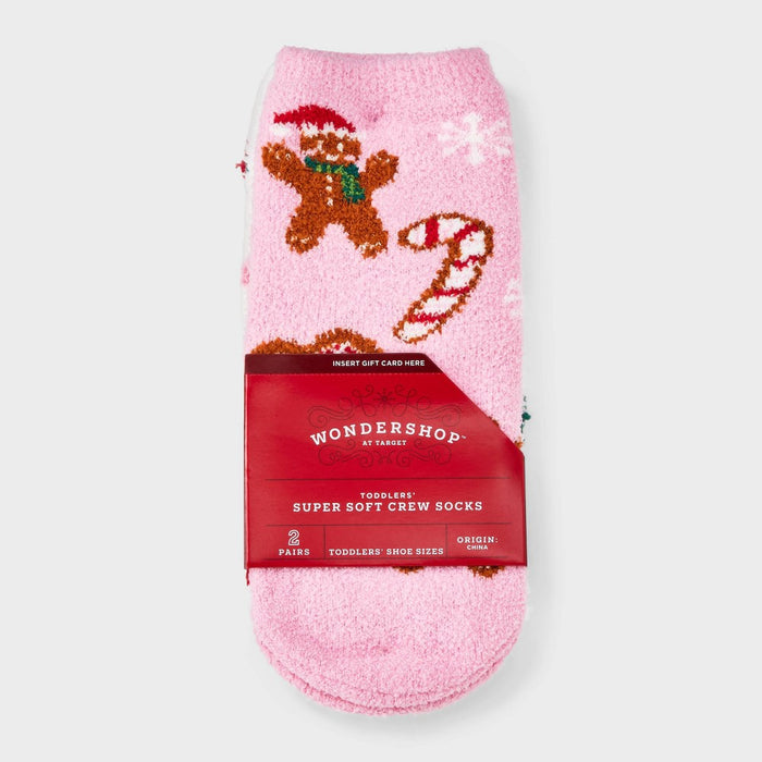 Toddler 2pk Gingerbread Cookies Christmas Cozy Socks with Gift Card Holder - Wondershop Pink 2T-3T
