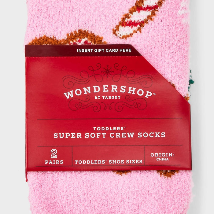 Toddler 2pk Gingerbread Cookies Christmas Cozy Socks with Gift Card Holder - Wondershop Pink 2T-3T