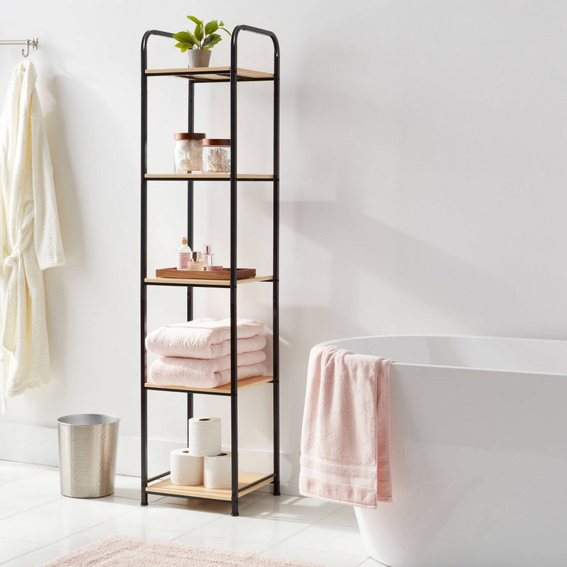 Tall Bath Wood Storage Towel Black Metal - Brightroom: 5-Shelf Powder-Coated Steel & MDF Cabinet, Rust-Resistant (LOCAL PICKUP ONLY)