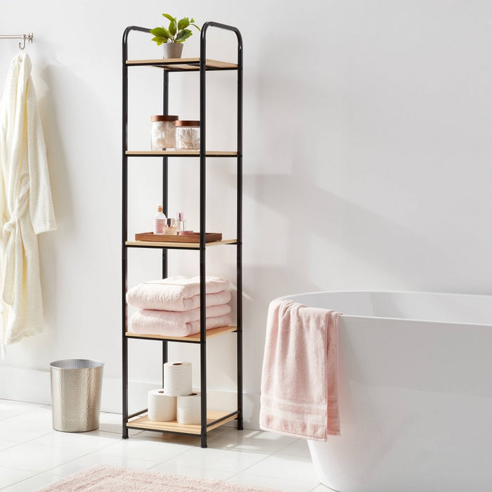 Tall Bath Wood Storage Towel Black Metal - Brightroom: 5-Shelf Powder-Coated Steel & MDF Cabinet, Rust-Resistant (LOCAL PICKUP ONLY)