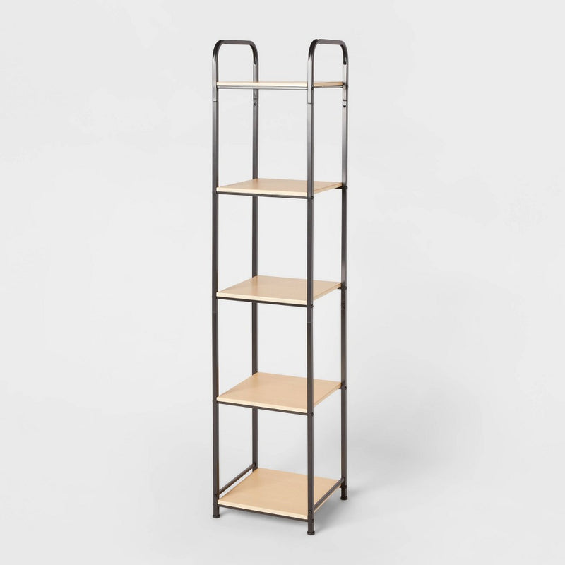 Tall Bath Wood Storage Towel Black Metal - Brightroom: 5-Shelf Powder-Coated Steel & MDF Cabinet, Rust-Resistant (LOCAL PICKUP ONLY)