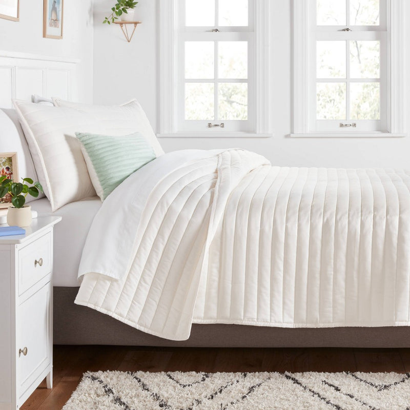 Full/Queen Satin Quilt Ivory - Room Essentials: Midweight Sateen Coverlet, Machine Washable, OEKO-TEX Certified