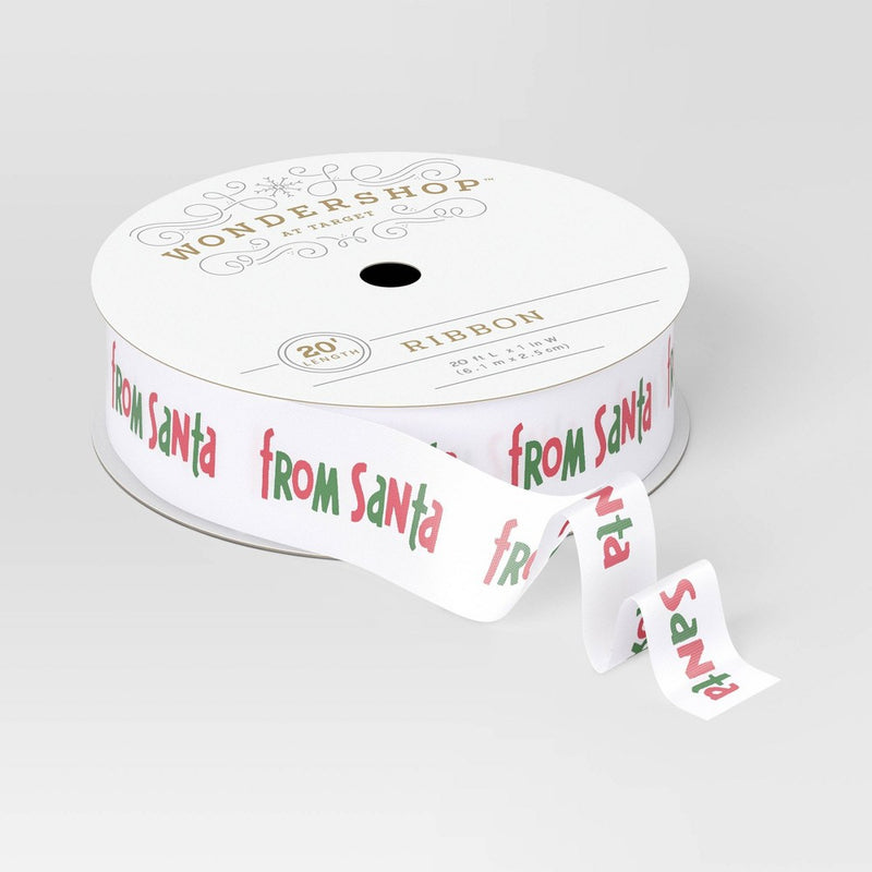 1" Grosgrain 'From Santa' Fabric Christmas Ribbon 20' White - Wondershop