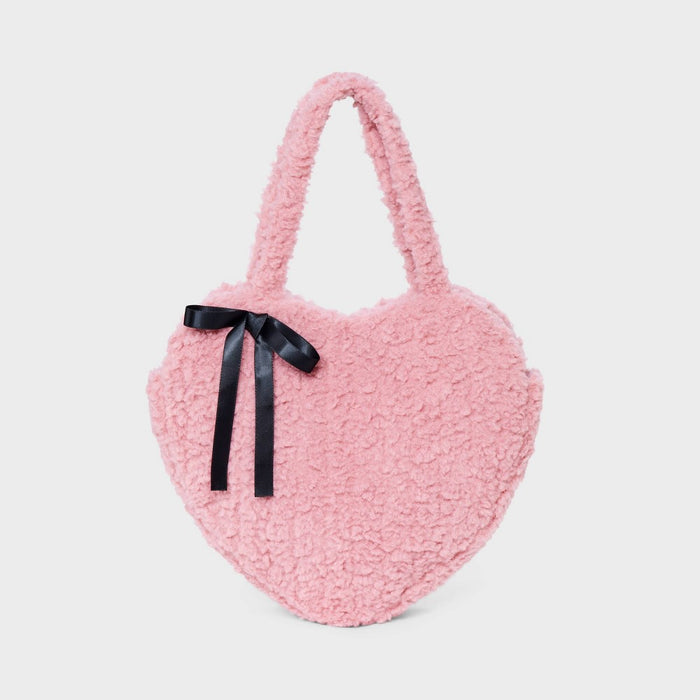 Girls' Faux Shearling with Bow Oversized Heart Tote Bag - art class Pink