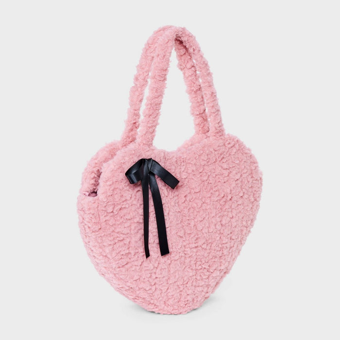 Girls' Faux Shearling with Bow Oversized Heart Tote Bag - art class Pink
