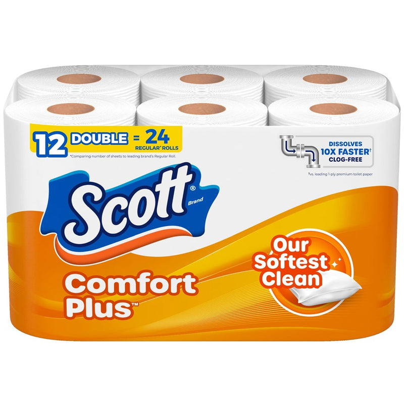 Scott Comfortplus Toilet Paper, 12 Double Rolls, 231 Sheets Per Roll, Septic-Safe, 1-Ply Toilet Tissue