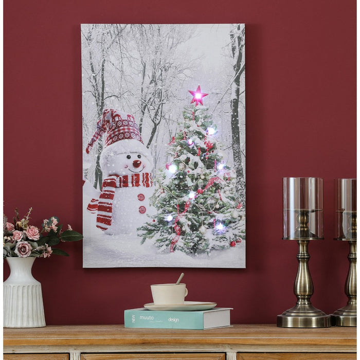 LuxenHome Holiday Snowman Christmas Tree Lighted Canvas Print White (LOCAL PICKUP ONLY)