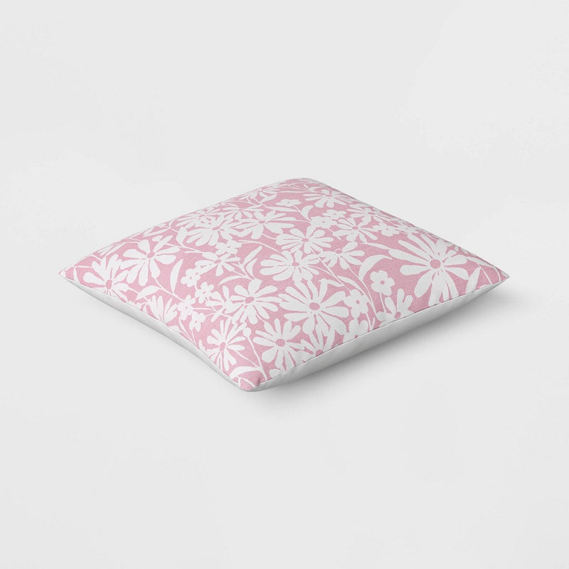 2pk Daisy and Grid Printed Woven Cotton PIllows Pink - Room Essentials: Indoor Square Cushion Set, OEKO-TEX Certified