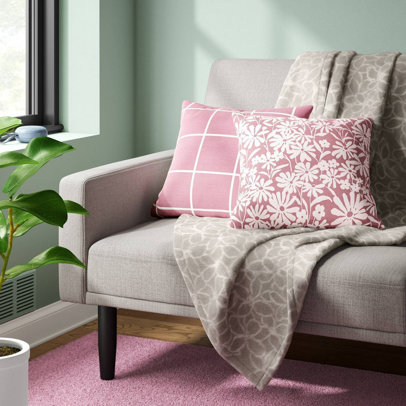 2pk Daisy and Grid Printed Woven Cotton PIllows Pink - Room Essentials: Indoor Square Cushion Set, OEKO-TEX Certified