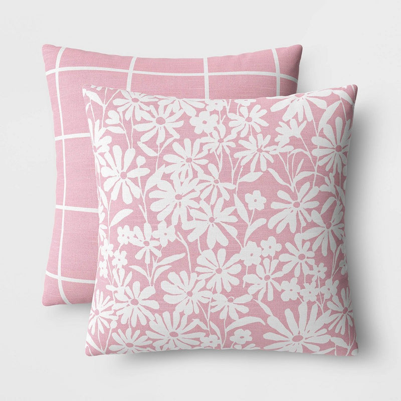 2pk Daisy and Grid Printed Woven Cotton PIllows Pink - Room Essentials: Indoor Square Cushion Set, OEKO-TEX Certified